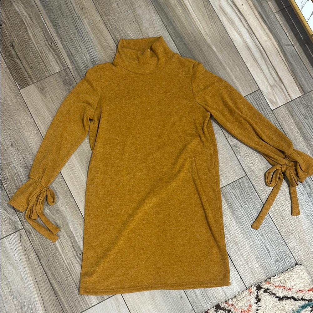 Mustard Turtleneck Dress with Tie Sleeves